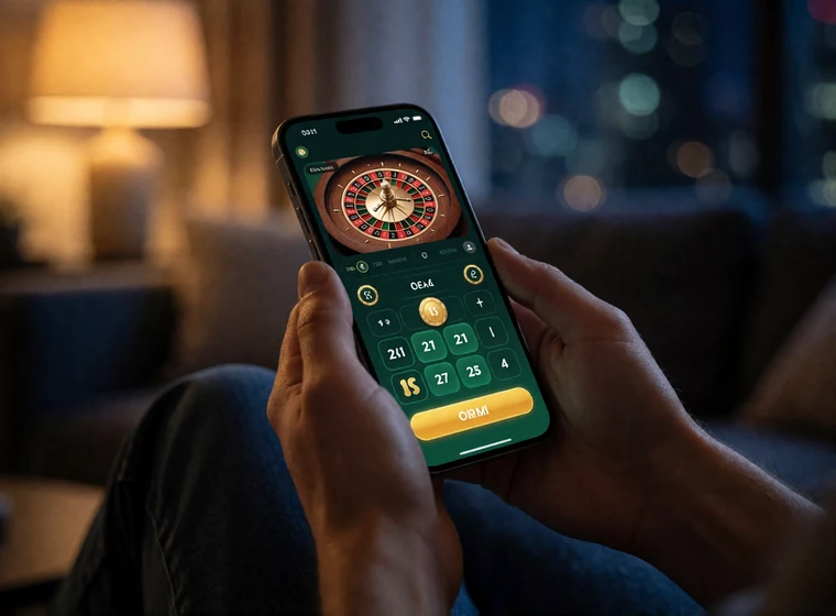 H&auml;nde halten Smartphone mit Live-Roulette-Stream und Setzfeld beim mobilen Live-Casino-Spiel am Abend