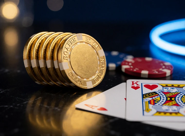 Goldene Casino-Chips und Spielkarten auf dunklem Tisch als Symbol f&uuml;r das &euro;25 Bonusguthaben ohne Einzahlung