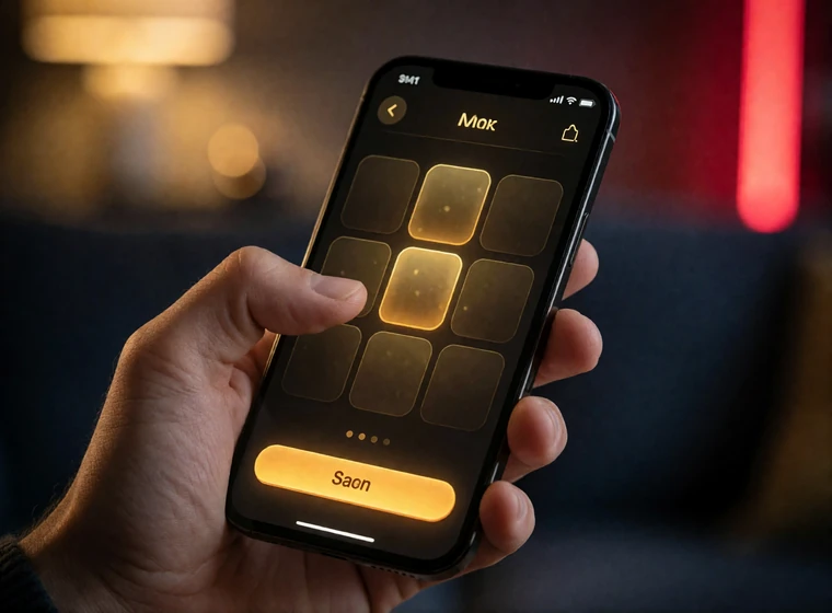 Hand h&auml;lt Smartphone mit dunkler Casino-Lobby und goldenen Spielkacheln beim mobilen Spiel am Abend