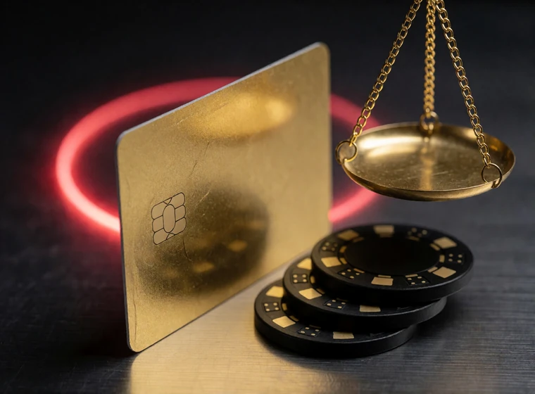 Bankkarte mit goldener Kante neben ausbalancierter Messingwaage und schwarz-goldenen Chips als Sinnbild f&uuml;r transparente Geb&uuml;hren