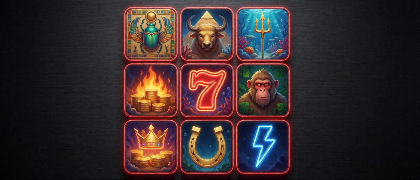 Neun quadratische Slot-Themenkacheln in Goldrahmen auf dunklem Metall als &Uuml;berblick &uuml;ber beliebte Online Slot Themen