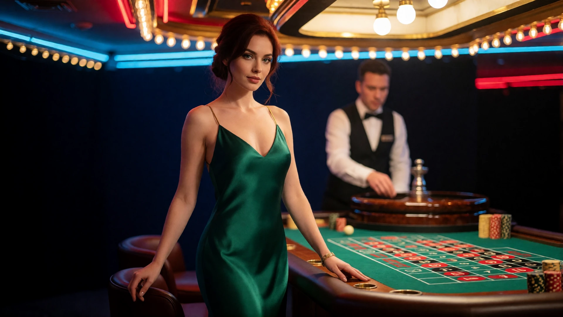Frau im smaragdgr&uuml;nen Abendkleid am beleuchteten Live-Roulettetisch mit Croupier und goldenen Chips im Live-Casino