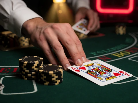 Blackjack-Blatt mit Ass und K&ouml;nig auf gr&uuml;nem Filz neben schwarz-goldenen Chips am Kartentisch