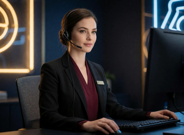 Support-Mitarbeiterin mit Headset am beleuchteten Monitor beantwortet Fragen zu Ein- und Auszahlungen im Casino Live-Chat