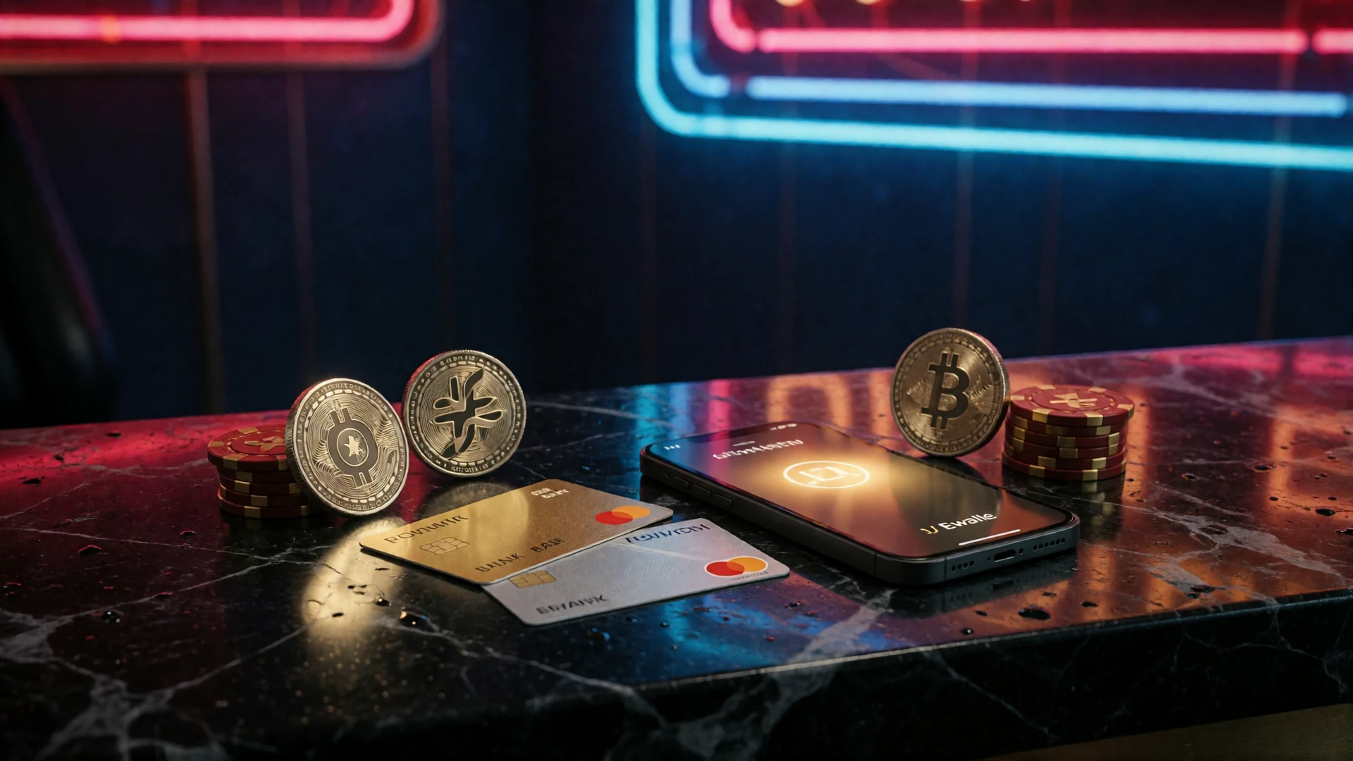 Bankkarten, Prepaid-Voucher, Smartphone mit E-Wallet und Krypto-M&uuml;nzen auf dunklem Marmortresen als Zahlungsmethoden im Online Casino