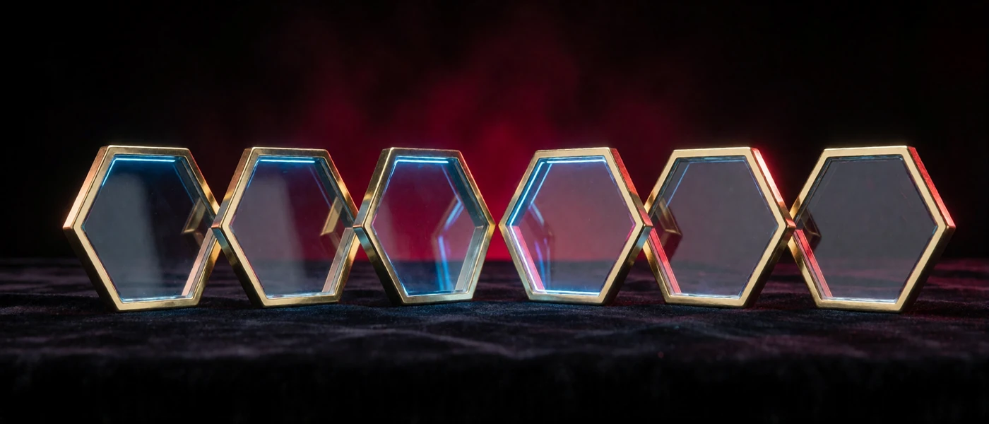 Sechs goldgerahmte Glas-Embleme in einer Reihe auf dunklem Samt als Sinnbild f&uuml;r die Spieleanbieter im Casino-Portfolio