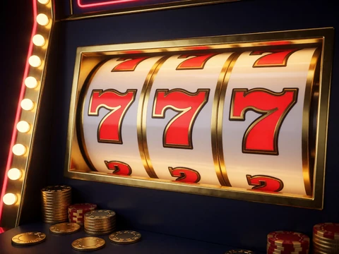 Goldene Slot-Walzen mit drei roten Siebenen und Casino-Chips als Symbol f&uuml;r Spielautomaten bei V.Vegas