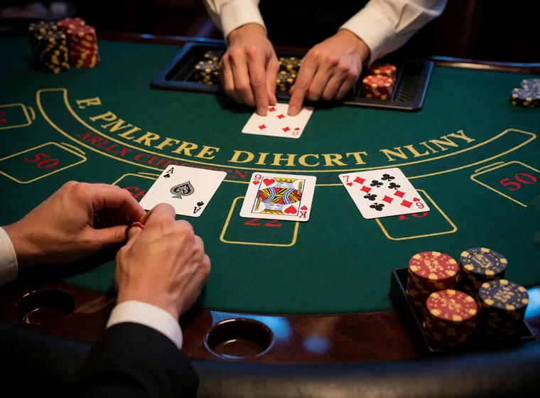 Live-Blackjack-Tisch mit Ass und K&ouml;nig, Dealer-Upcard und gestapelten Chips in den Einsatzfeldern