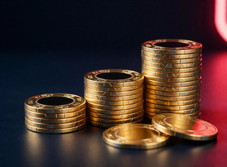 Drei aufsteigende Stapel goldener Casino-Chips als Sinnbild f&uuml;r die drei Stufen des Willkommensbonus