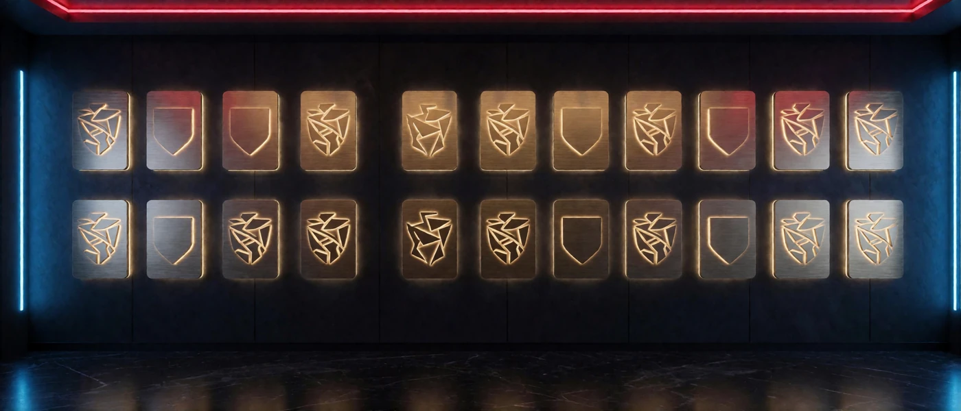 Beleuchtete Emblem-Tafeln an einer dunklen Casino-Wand als Sinnbild f&uuml;r &uuml;ber 100 Spieleanbieter bei V.Vegas