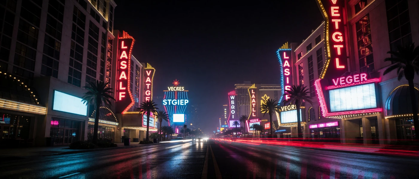 Neon-Skyline des Las Vegas Strip bei Nacht mit leuchtenden Reklamen und Lichtreflexen auf nasser Stra&szlig;e