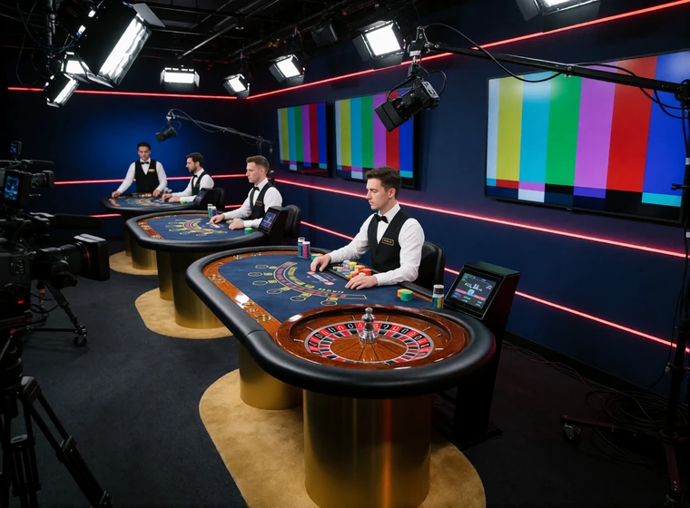 Live-Casino-Studio mit mehreren Dealer-Tischen f&uuml;r Roulette, Blackjack und Baccarat unter warmem Studiolicht