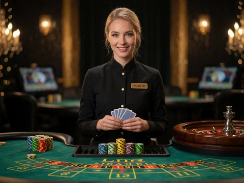 Live Dealerin am gr&uuml;nen Casino-Tisch mit Karten und Chips im Live-Casino Studio von V.Vegas